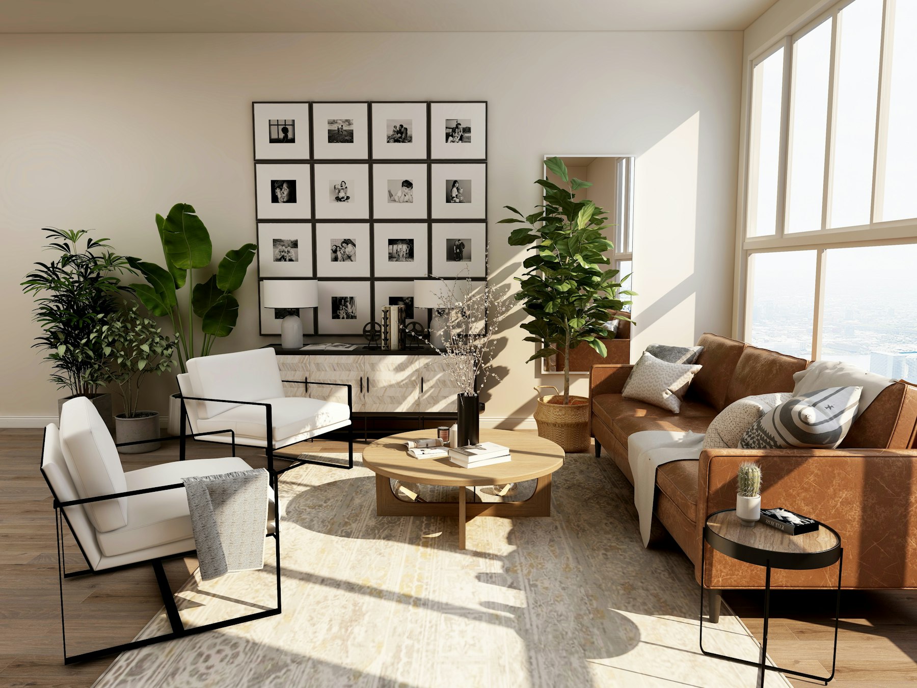 A sunlit apartment living room with layered textiles, plants and a gallery wall.