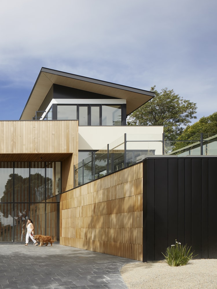 Contemporary clad houses behind a boundary wall on a paved lane.